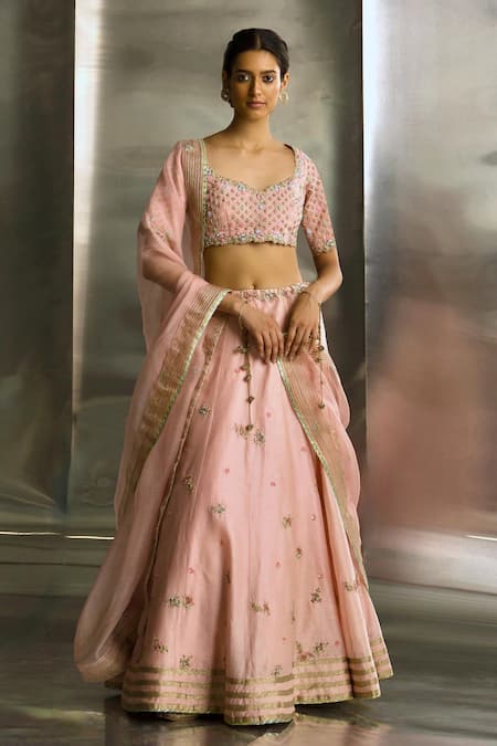 Charkhee Pink Blouse Chanderi Embroidered Dabka Leaf Neck Zari Lace Lehenga Set 