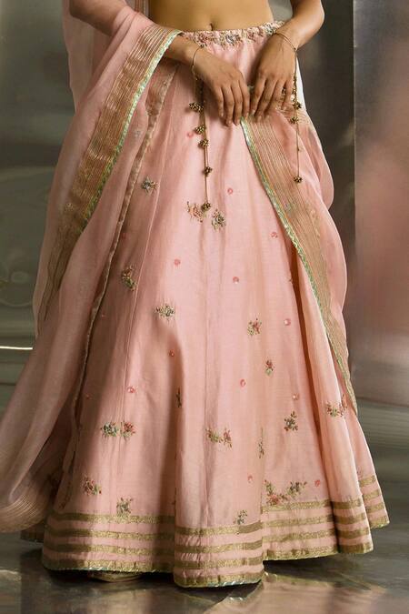 Charkhee_Pink Chanderi, Organza Embroidery Zari Lace Lehenga Set _Online_at_Aza_Fashions