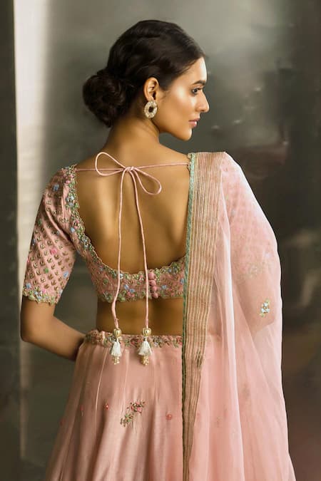 Buy_Charkhee_Pink Chanderi, Organza Embroidery Zari Lace Lehenga Set _Online_at_Aza_Fashions