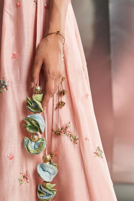 Charkhee_Pink Chanderi, Organza Embroidery Zari Lace Lehenga Set _at_Aza_Fashions