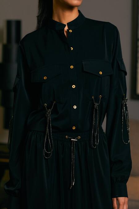 Buy_Siddartha Tytler_Black Microfiber Crystals Mandarin Collar Embellished Rope Shirt With Jogger _Online_at_Aza_Fashions