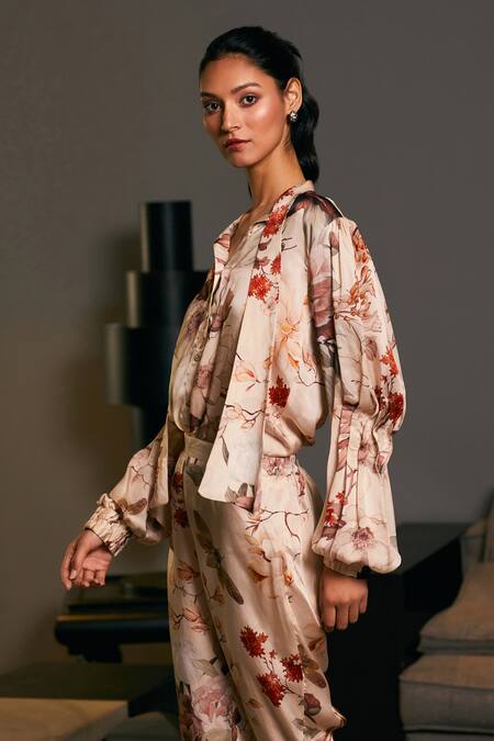 Siddartha Tytler_Beige Bamboo Open Neck Garden Print Shirt With Jogger _Online_at_Aza_Fashions