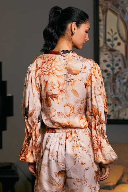 Shop Siddartha Tytler Beige Bamboo Bandeau Neck Floral Garden Print Shirt With Jogger at Aza Fashions Shop_Siddartha Tytler_Beige Bamboo Bandeau Neck Floral Garden Print Shirt With Jogger _at_Aza_Fashions