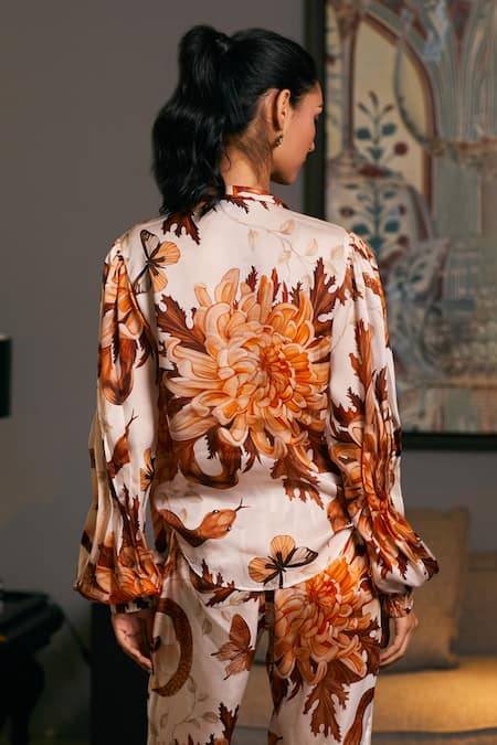 Shop_Siddartha Tytler_Beige Bamboo Collared Chrysanthemum Print Shirt With Jogger _at_Aza_Fashions