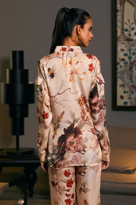 Shop Siddartha Tytler Beige Bamboo Shawl Neck Floral Bee Print Shirt With Jogger at Aza Fashions Shop_Siddartha Tytler_Beige Bamboo Shawl Neck Floral Bee Print Shirt With Jogger _at_Aza_Fashions