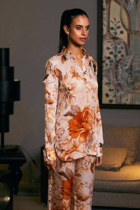Siddartha Tytler_Beige Bamboo Shawl Neck Floral Moth Print Shirt With Jogger _Online_at_Aza_Fashions