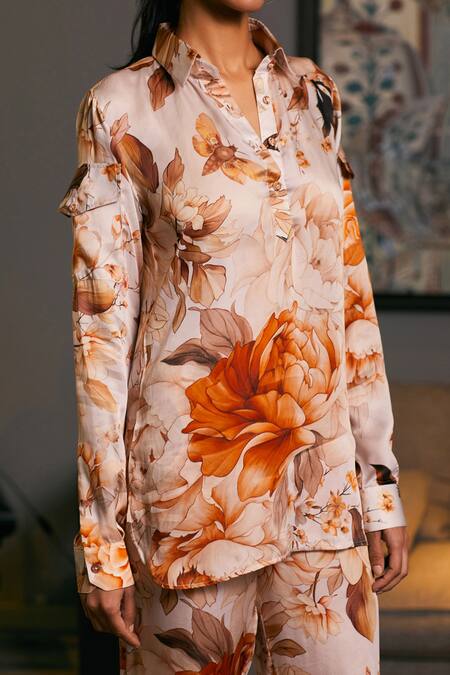 Buy_Siddartha Tytler_Beige Bamboo Shawl Neck Floral Moth Print Shirt With Jogger _Online_at_Aza_Fashions