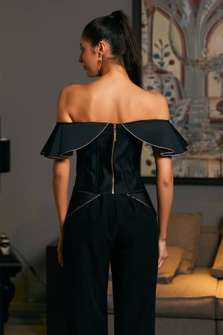 Shop_Siddartha Tytler_Black Taffeta Off-shoulder Quilted Structured Corset _at_Aza_Fashions