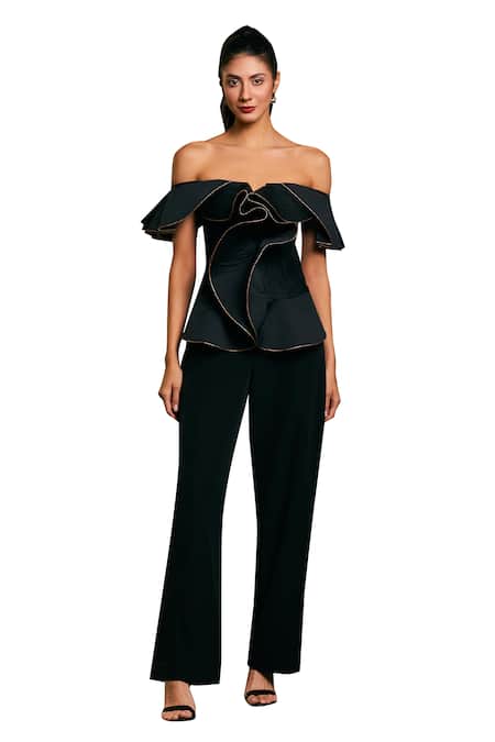 Siddartha Tytler_Black Taffeta Off-shoulder Quilted Structured Corset _Online_at_Aza_Fashions