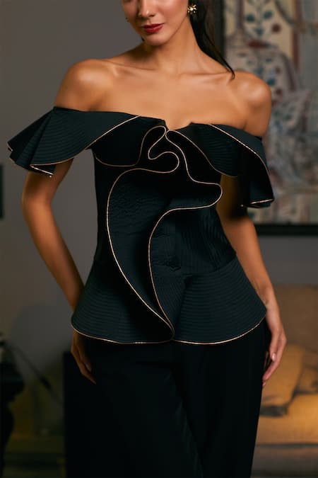 Shop_Siddartha Tytler_Black Taffeta Off-shoulder Quilted Structured Corset _Online_at_Aza_Fashions
