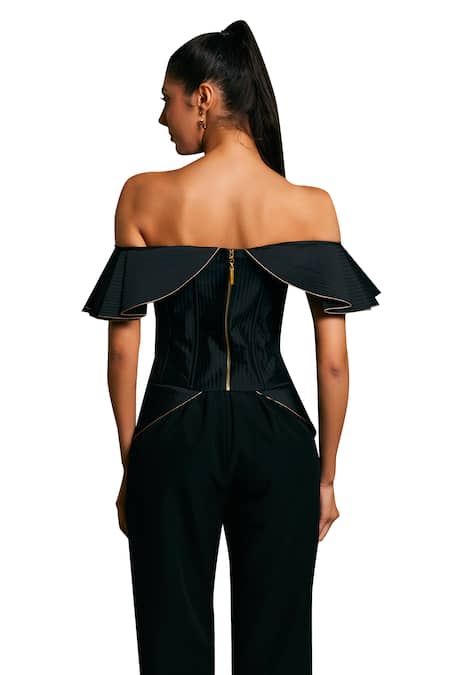 Siddartha Tytler_Black Taffeta Off-shoulder Quilted Structured Corset _at_Aza_Fashions