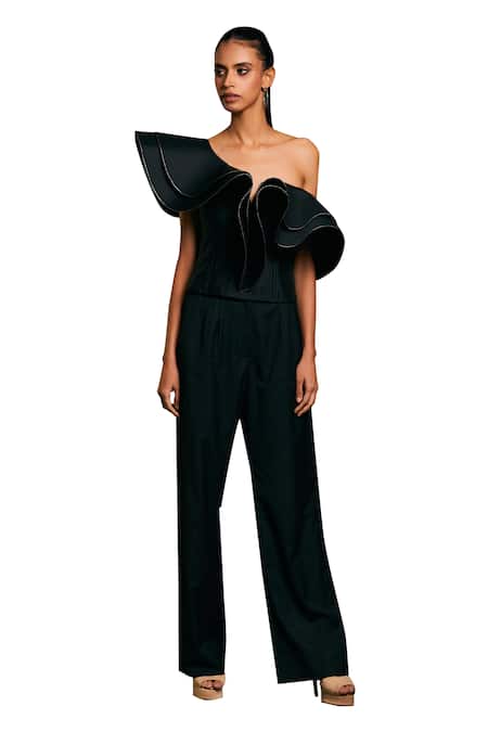 Siddartha Tytler_Black Taffeta One Shoulder Structured Quilted Corset _Online_at_Aza_Fashions