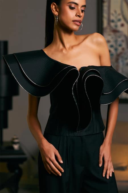 Buy_Siddartha Tytler_Black Taffeta One Shoulder Structured Quilted Corset _Online_at_Aza_Fashions