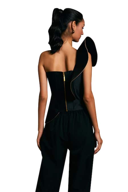 Siddartha Tytler_Black Taffeta One Shoulder Quilted Ruffled Corset _Online_at_Aza_Fashions