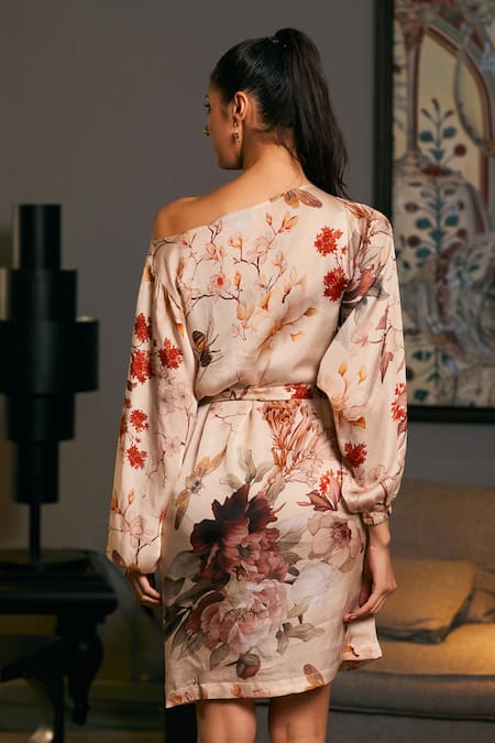 Shop Siddartha Tytler Beige Bamboo Tassels One Shoulder Floral Bee Print Dress at Aza Fashions Shop_Siddartha Tytler_Beige Bamboo Tassels One Shoulder Floral Bee Print Dress _at_Aza_Fashions