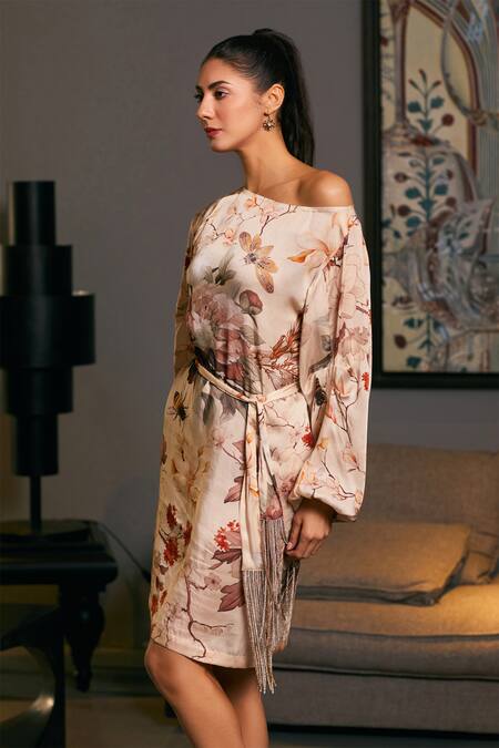 Siddartha Tytler Beige Bamboo Tassels One Shoulder Floral Bee Print Dress Online at Aza Fashions Siddartha Tytler_Beige Bamboo Tassels One Shoulder Floral Bee Print Dress _Online_at_Aza_Fashions