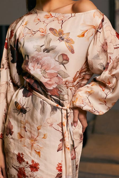 Buy Siddartha Tytler Beige Bamboo Tassels One Shoulder Floral Bee Print Dress Online at Aza Fashions Buy_Siddartha Tytler_Beige Bamboo Tassels One Shoulder Floral Bee Print Dress _Online_at_Aza_Fashions