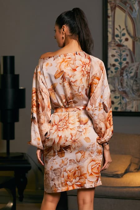 Shop Siddartha Tytler Beige Satin Tassels Round Neck Floral Print Dress at Aza Fashions Shop_Siddartha Tytler_Beige Satin Tassels Round Neck Floral Print Dress _at_Aza_Fashions