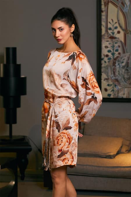 Buy Siddartha Tytler Beige Satin Tassels Round Neck Floral Print Dress Online at Aza Fashions Buy_Siddartha Tytler_Beige Satin Tassels Round Neck Floral Print Dress _Online_at_Aza_Fashions