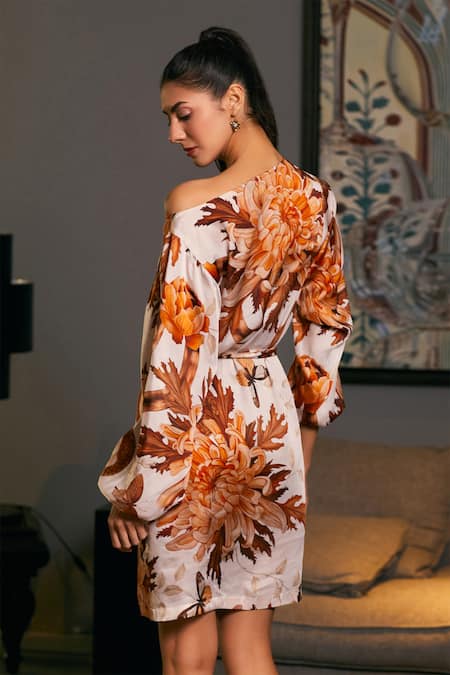 Shop Siddartha Tytler Beige Bamboo Round Neck Floral Snake Print Dress at Aza Fashions Shop_Siddartha Tytler_Beige Bamboo Round Neck Floral Snake Print Dress _at_Aza_Fashions