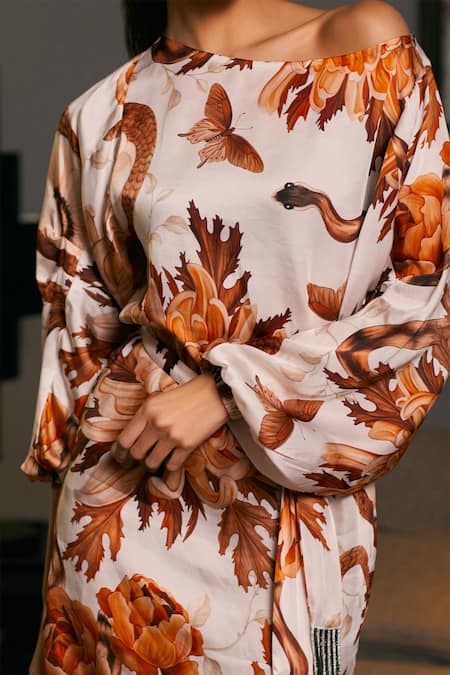 Buy Siddartha Tytler Beige Bamboo Round Neck Floral Snake Print Dress Online at Aza Fashions Buy_Siddartha Tytler_Beige Bamboo Round Neck Floral Snake Print Dress _Online_at_Aza_Fashions