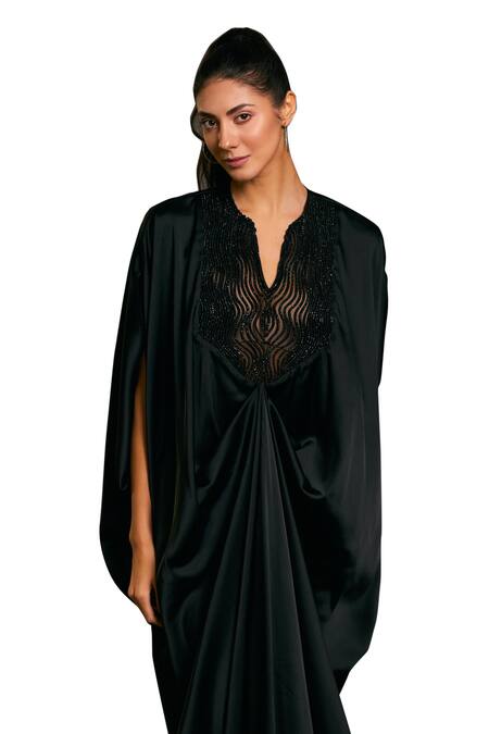 Siddartha Tytler Black Lycra, Satin Crystals Split V-neck Embellished Bodice Kaftan Online at Aza Fashions Siddartha Tytler_Black Lycra, Satin Crystals Split V-neck Embellished Bodice Kaftan _Online_at_Aza_Fashions