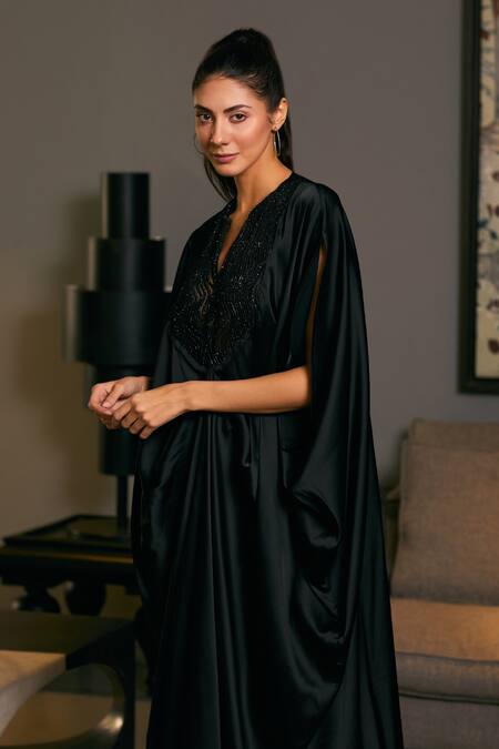 Buy Siddartha Tytler Black Lycra, Satin Crystals Split V-neck Embellished Bodice Kaftan Online at Aza Fashions Buy_Siddartha Tytler_Black Lycra, Satin Crystals Split V-neck Embellished Bodice Kaftan _Online_at_Aza_Fashions