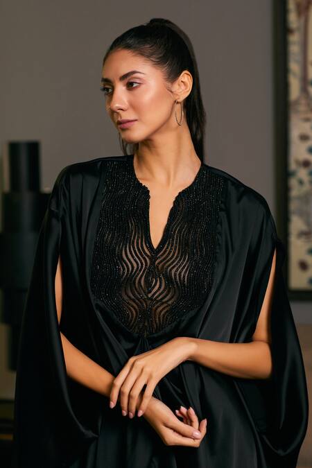 Shop Siddartha Tytler Black Lycra, Satin Crystals Split V-neck Embellished Bodice Kaftan Online at Aza Fashions Shop_Siddartha Tytler_Black Lycra, Satin Crystals Split V-neck Embellished Bodice Kaftan _Online_at_Aza_Fashions