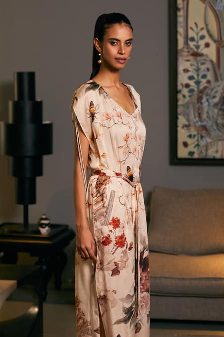 Siddartha Tytler_Beige Satin Embroidery, Crystals V-neck Floral Bee Print Slit Kaftan _Online_at_Aza_Fashions