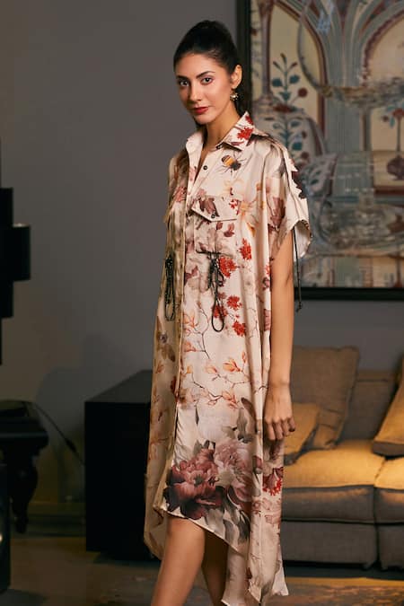Siddartha Tytler_Beige Bamboo Embroidery Shawl Neck Floral Print High-low Kaftan Shirt _Online_at_Aza_Fashions