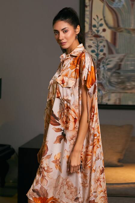 Siddartha Tytler_Beige Bamboo Embroidery Collared High-low Floral Print Kaftan Shirt _Online_at_Aza_Fashions