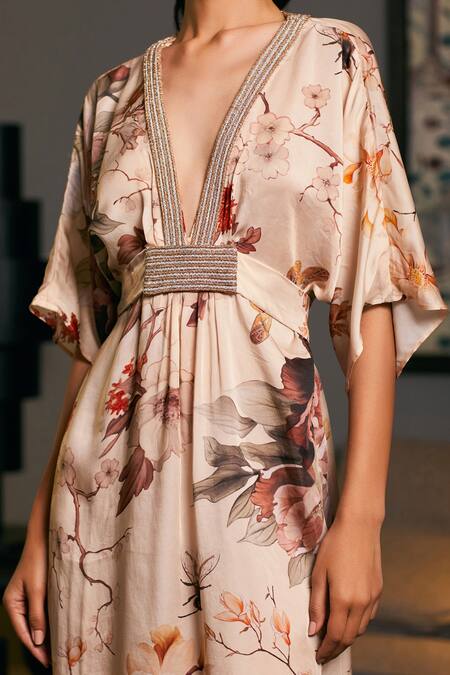 Buy_Siddartha Tytler_Beige Satin Embroidery, Crystals V-neck Floral Bee Print Kaftan _Online_at_Aza_Fashions