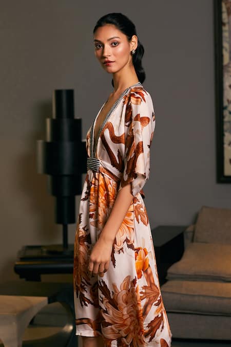 Siddartha Tytler_Beige V-neck Chrysanthemum Print Kaftan _Online_at_Aza_Fashions