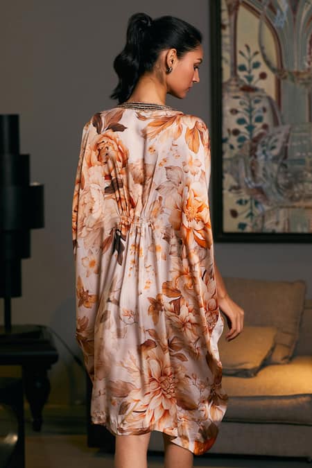 Shop_Siddartha Tytler_Beige Bamboo Embroidery V-neck Moth Floral Print Kaftan _at_Aza_Fashions