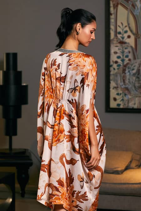 Shop_Siddartha Tytler_Beige Satin Embroidery V-neck Chrysanthemum Snake Print Kaftan _at_Aza_Fashions