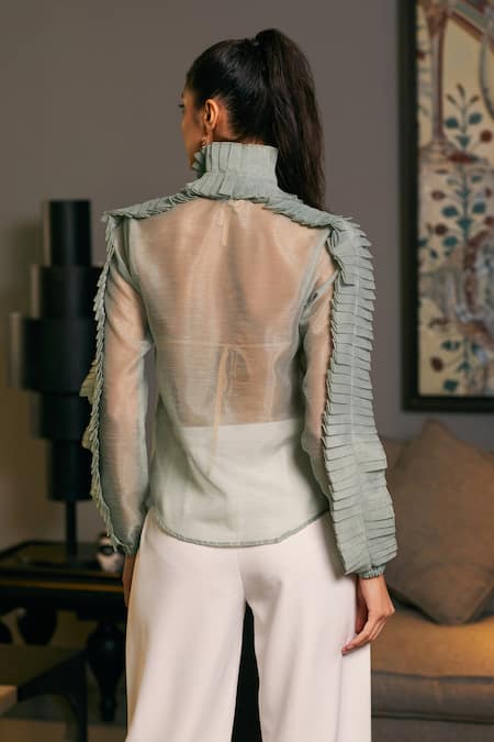 Shop_Siddartha Tytler_Green Organza Ruffles Polo Collar Sheer Shirt _at_Aza_Fashions