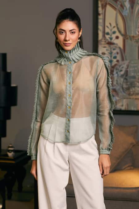Siddartha Tytler_Green Organza Ruffles Polo Collar Sheer Shirt _Online_at_Aza_Fashions
