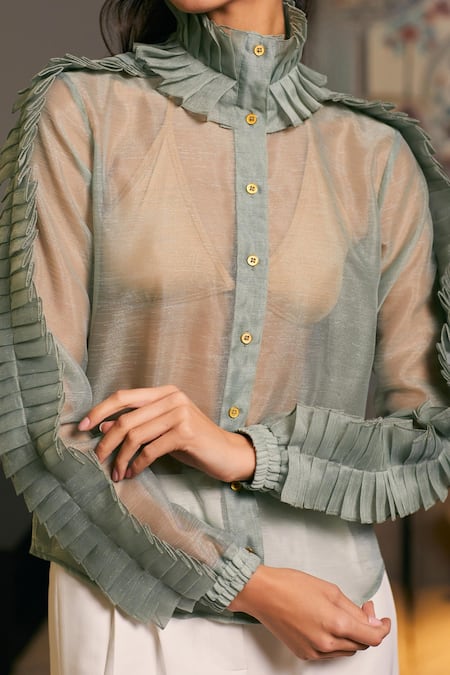 Shop_Siddartha Tytler_Green Organza Ruffles Polo Collar Sheer Shirt _Online_at_Aza_Fashions