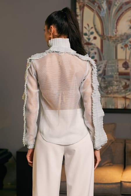 Shop_Siddartha Tytler_Blue Organza Polo Collar Ruffle Sheer Shirt _at_Aza_Fashions