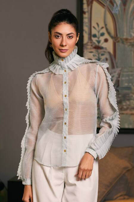 Siddartha Tytler_Blue Organza Polo Collar Ruffle Sheer Shirt _Online_at_Aza_Fashions