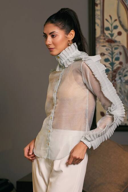 Buy_Siddartha Tytler_Blue Organza Polo Collar Ruffle Sheer Shirt _Online_at_Aza_Fashions