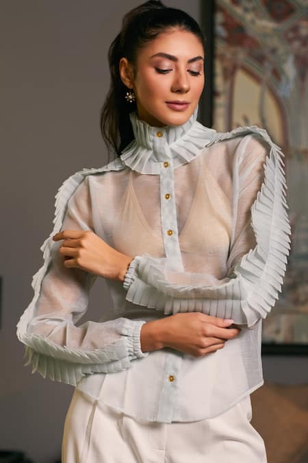 Shop_Siddartha Tytler_Blue Organza Polo Collar Ruffle Sheer Shirt _Online_at_Aza_Fashions