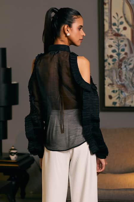 Shop_Siddartha Tytler_Black Organza Ruffles Shawl Neck Sheer Cold Shoulder Shirt _at_Aza_Fashions