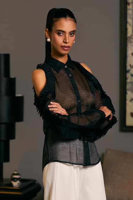 Siddartha Tytler_Black Organza Ruffles Shawl Neck Sheer Cold Shoulder Shirt _Online_at_Aza_Fashions