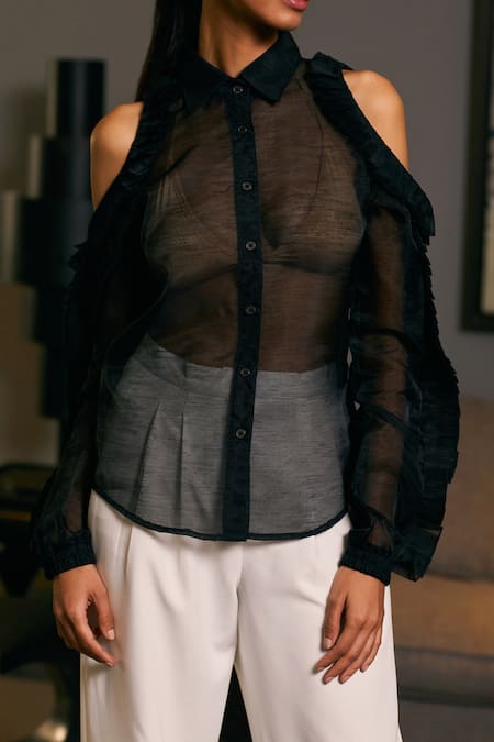 Shop_Siddartha Tytler_Black Organza Ruffles Shawl Neck Sheer Cold Shoulder Shirt _Online_at_Aza_Fashions