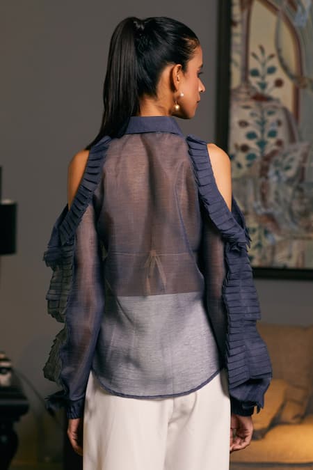 Shop_Siddartha Tytler_Blue Organza Ruffles Collared Cold Shoulder Textured Shirt _at_Aza_Fashions