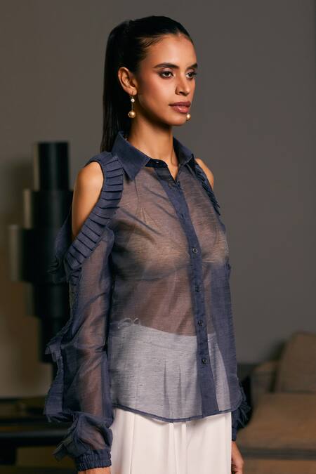 Buy_Siddartha Tytler_Blue Organza Ruffles Collared Cold Shoulder Textured Shirt _Online_at_Aza_Fashions