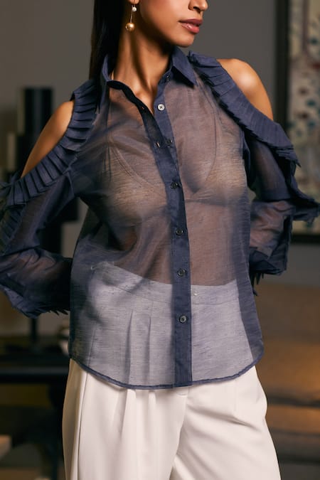 Shop_Siddartha Tytler_Blue Organza Ruffles Collared Cold Shoulder Textured Shirt _Online_at_Aza_Fashions