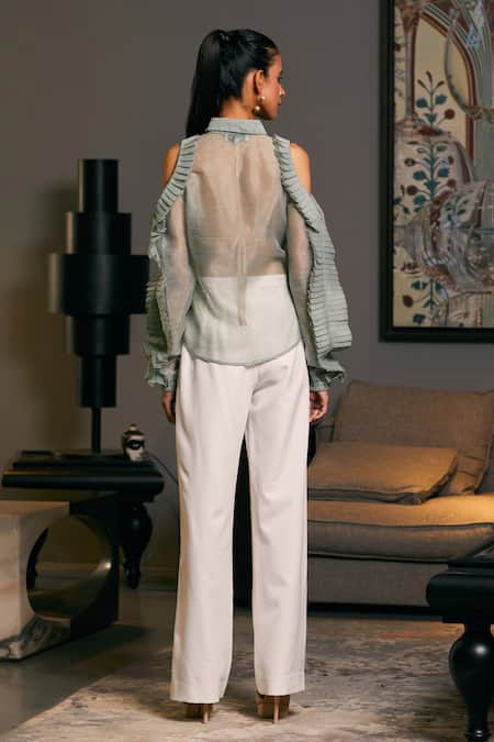 Shop_Siddartha Tytler_Green Organza Ruffles Textured Cold Shoulder Shirt _at_Aza_Fashions