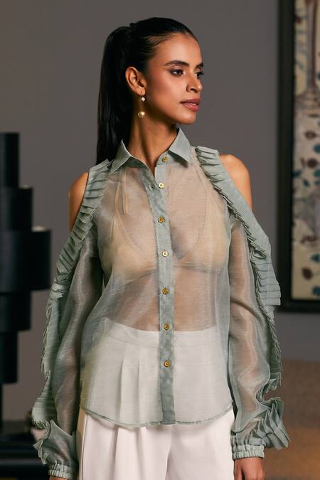 Siddartha Tytler_Green Organza Ruffles Textured Cold Shoulder Shirt _Online_at_Aza_Fashions